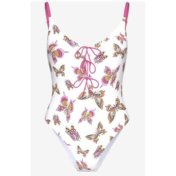 Victoria's Secret White & Pink Butterfly Print One Piece Swimsuit w Bows Large - Picture 8 of 9